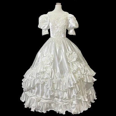 Princess White Satin Flower Pearls Puff Sleeve Big Bow Ruffles Wedding Dresses - Image 1 of 4