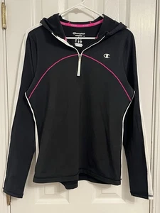 Felpa Champion donna nera/rosa manica lunga 1/4 zip con cappuccio taglia L - Foto 1 di 9