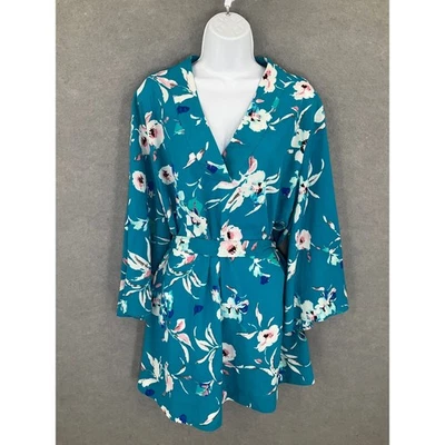 Top kimono floral Lane Bryant para mujer 22/24 verde azulado floral con cinturón fiesta femenina Foto 1 de 4