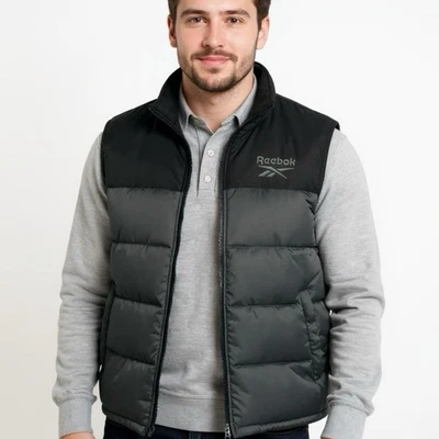 全新带标签 REEBOK 男式 XL 码全拉链松饼背心黑色炭灰色外套 MSRP $109 — 第 1/4 张图片