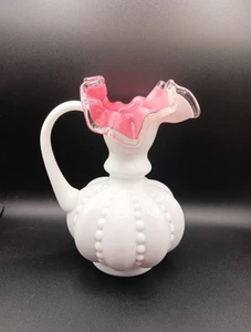 Fenton Pink White Cased Beaded Melon Vase With Handle Vintage - Picture 1 of 8