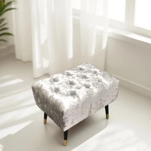 Chesterfield Design Crushed Velvet Footstool, Footrest | Black & Gold Metal Legs - Picture 1 of 6