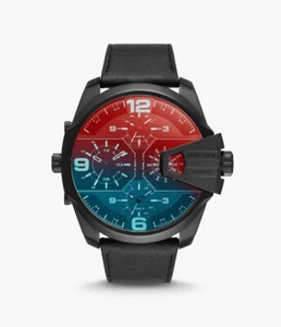 Diesel Uber Chief Men's Black Leather Stainless Red Blue Multi Time Watch DZ7446 - Picture 1 of 4