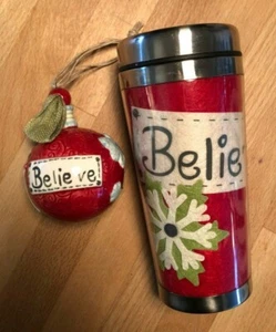 Tazza da viaggio natalizia Mudpie "Believe" e ornamento in ceramica abbinato - Foto 1 di 3