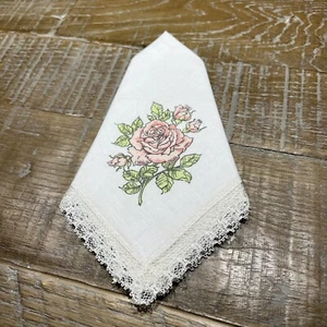 Vintage Women's Handkerchief Square Ivory Pink Rose With Lace Trim NEW Unused - Picture 1 of 8