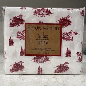 MOUNTAIN CABIN Reindeer Forest Queen Sheet Set Christmas Holiday Nordic North - Picture 1 of 5