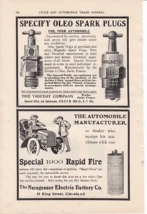 1906 Oleo Spark Plug Ad-Print & 1906 Rapid Fire Nungesser Electric Battery Co Ad - Picture 1 of 1