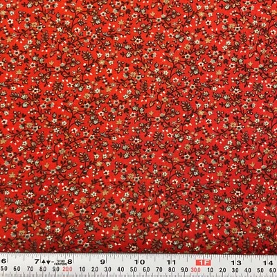 VIntage Concord Fabrics Blue/Gray Taupe Florals on Red Cotton Remnant 16" x 44" - Image 1 of 2