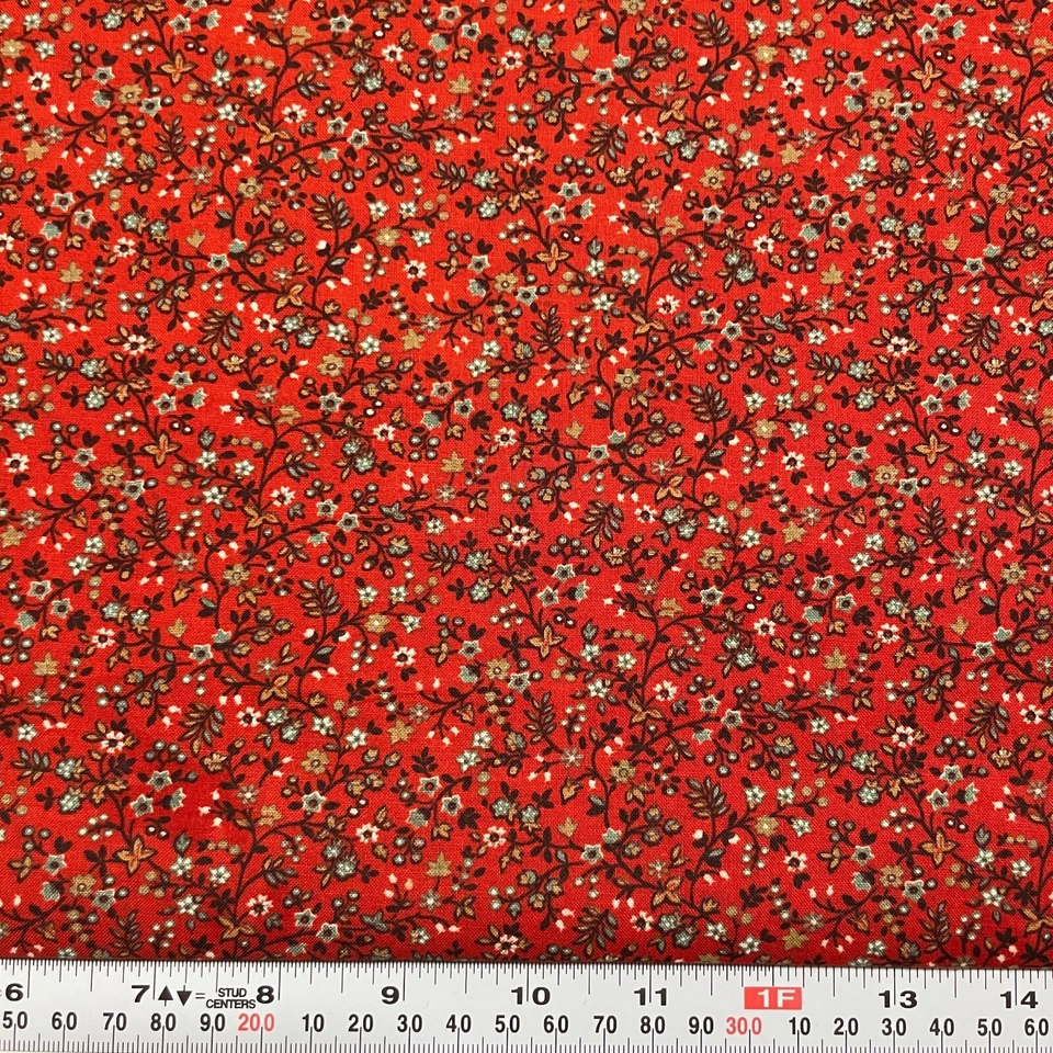 VIntage Concord Fabrics Blue/Gray Taupe Florals on Red Cotton Remnant 16" x 44" - Image 1 of 2