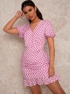 Chi Chi London Ruched Polka Dot Mini Day Dress - Pink UK 10 RRP £60 - Picture 1 of 8