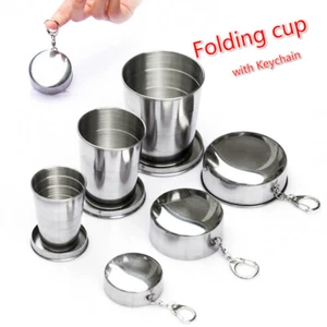 2x Stainless Steel Folding Cup Portable Outdoor Telescopic cup with Keychain - Picture 1 of 9