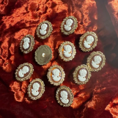 12 pcs Victorian Steampuk Lady Cameo Doll Buttons Amber Color Background 1" 3000 - Image 1 of 4