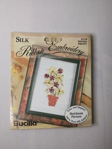 Bucilla Silk Ribbon Embroidered Potted Pretty Heirloom Picture Stitch Kit - Picture 1 of 11