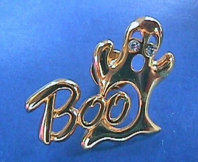 Avon PIN Halloween Vintage GHOST Gleeful Boo Rhinestone Eyes Holiday Tie Tac - Image 1 of 2