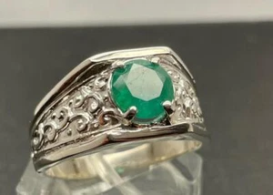 1.57 CT NATURAL ZAMBIAN EMERALD .925 STERLING SILVER MENS RETRO RING SZ 11.25 6G - Picture 1 of 14