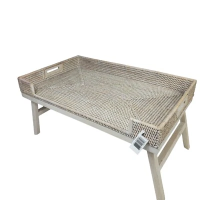 Pottery Barn Artifacts Tava Rattan Serving Tray With Stand Whitewash Scuffs - Image 1 of 4