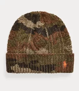 Polo Ralph Lauren Mens Camo Cable Knit Wool-Blend Beanie Hat - Picture 1 of 3