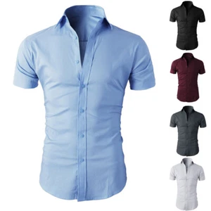 Slim Fit Dress Shirt Short Sleeve Causal Shirts Men Button Down Tops Tees Gift ṑ - Picture 1 of 20