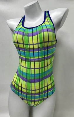 Vintage Unite! Union Made Neon Plaid One Piece Swimsuit Size 16 USA 80s 90s - Image 1 of 4