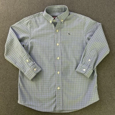 Camisa con botones Vineyard Vines para niños 5 azul claro verde logotipo a cuadros ballena L Slv Foto 1 de 4