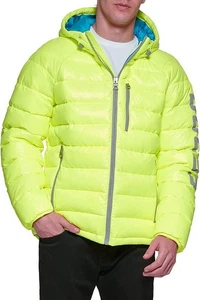 Guess Mens Puffer Jacket Coat XXL Quilted Hooded Insulated Zip Neon Yellow $225 - Picture 1 of 10