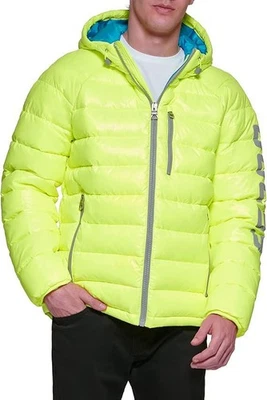 Guess Mens Puffer Jacket Coat XXL Quilted Hooded Insulated Zip Neon Yellow $225 - Image 1 of 4