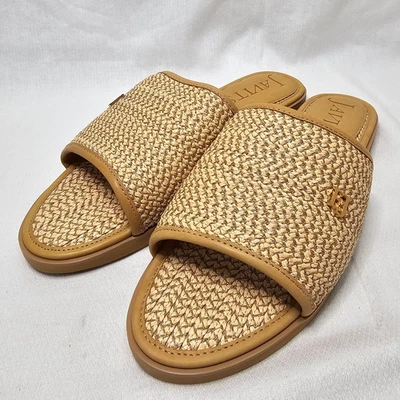 Sandalias Eric Javits Squishee de cuero tostado punta abierta tacón bajo de cuña para mujer talla 10 Foto 1 de 4
