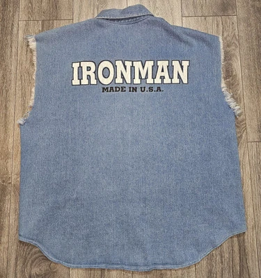 Vintage "IRONMAN" Made In Usa Denim Button Shirt Sleeveless Blue Men's Size 2XL - Image 1 of 4