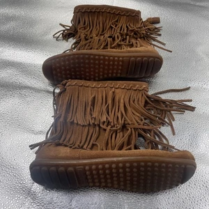 Minnetonka Southwestern Brown Leather Suede Moccasin Toe Fringe Mid Calf Boots 8 - Picture 1 of 6