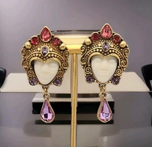 Vintage Signed Kirks Folly Crystal Crowned Warrior Princess Gold Earrings - Picture 1 of 19