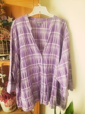 ESSENTIALS Purple White Plaid Gauze Blouse Sz 4X - Image 1 of 4