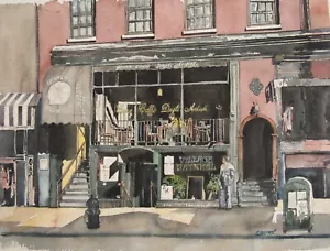 Pintura acuarela firmada Caffe Degli Artisti 15x19 West Village NYC escaparate - Imagen 1 de 12