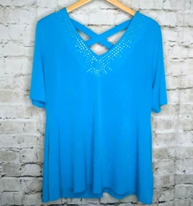 Notations Womens Top L Turquoise Studded V-Neck Criss Cross Back Short Sleeves - Picture 1 of 10