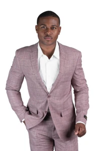 Slim Fit 2 Button Blazer Tweed Plaid Dusty Pink Notch Lapel Jacket AZAR MAN - Picture 1 of 6