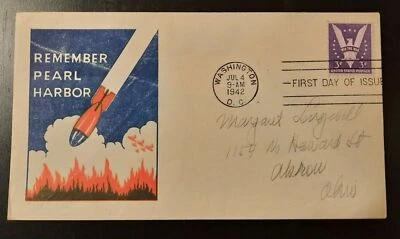 1942 FDC WWII Patriotic Remember Pearl Harbor Cachet Washington DC Akron Ohio - Image 1 of 2