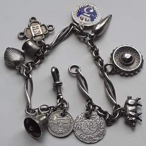 PULSERA CON DIJE DE PLATA ANTIGUA con clip para perro cadena de eslabones de lujo con 10 buenos dijes - Imagen 1 de 24