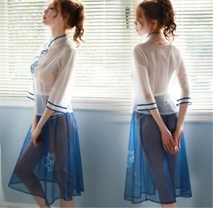 Mujeres Sexy Encaje QIPAO cheongsam Azul Transparente Prendas para Dormir Han Vestido Camisones  - Imagen 1 de 12