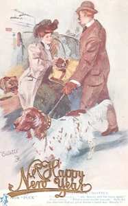 C1908 Bulldog English Setter Gilette New Year  Raphael Tuck Oilette Postcard - Picture 1 of 3