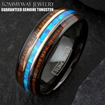 8mm Black Tungsten Koa Wood w/ Hawaiian Blue Opal Stripe Men's Wedding Band Ring - Image 1 of 4