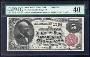 1882 $5 AMERICAN EXCHANGE NB OF NEW YORK CITY, NY CH.#1394 PMG EXTREMELY FINE-40 - Bild 1 von 2