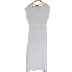 Lulu's Medium Gauzy Swim Cover-Up White V-Neck Fringe Trim Drawstring - Picture 1 of 13