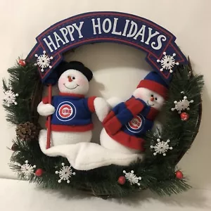 Hallmark Chicago Cubs 20 Inch Christmas Wreath with 2 Snowmen Happy Holidays - Picture 1 of 12