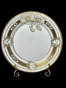 Antique Hand Painted Raised Gold Floral Beaded Porcelain 8” Salad Luncheon Plate - Picture 1 of 7