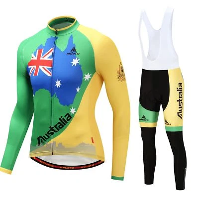 Conjunto de ropa de bicicleta para hombre de camiseta y pantalones (babero) de manga larga del equipo de ciclismo de Australia Foto 1 de 4