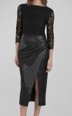 $399 Shoshanna Women's Black Bateau Lace Faux-Leather Sadie Midi Dress Size 2 - Image 1 of 3