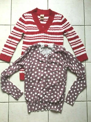 2 Womens Medium Sweaters Red & White Striped v-neck Purple & white polka dot  - Image 1 of 4
