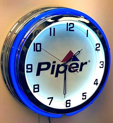 19" Piper Aircraft Airplane Sign Double Neon Clock Blue Neon Chrome Finish - Image 1 of 2