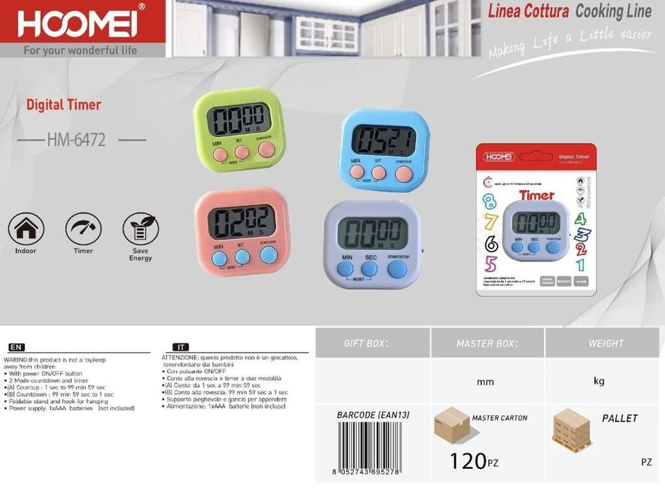 HOOMEI Timer Digitale Cucina HM-6472 - Contaminuti Cronometro Magnetico LCD - Immagine 1 di 1