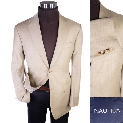 Abrigo Blazer Chaqueta Deportivo NAUTICA Talla 40R Beige Cuadros 2 Botones Lana/Cachemira Usado en Excelente Condición Foto 1 de 4