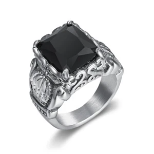 Mens Vintage Stainless Steel Crown Black CZ Stone Ring Fashion Jewelry Size 7-14 - Picture 1 of 6